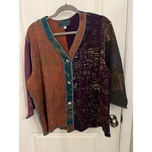 Bread Button Front Cotton Stretch L Asymmetrical 3/4 Sleeve Blouse Top Earthy